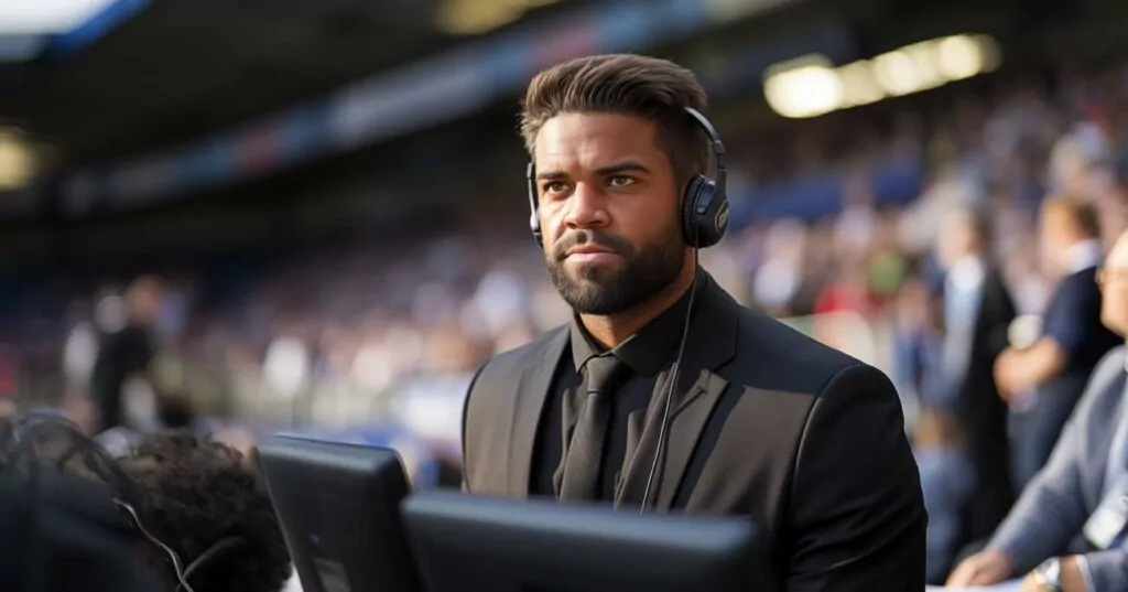Micah Richards commentating at a game